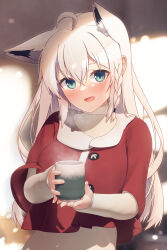 Rule 34 | 1girl, absurdres, ahoge, animal ear fluff, animal ears, blurry, blurry background, blush, braid, commentary request, cup, earrings, extra ears, fox ears, fox girl, fox tail, green eyes, hair between eyes, highres, holding, holding cup, hololive, jewelry, long hair, looking at viewer, open mouth, shirai yu, shirakami fubuki, sidelocks, single braid, solo, tail, virtual youtuber, white hair, yunomi