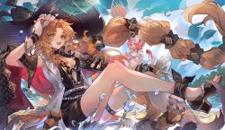 Rule 34 | 2girls, :d, :o, absurdres, animal ears, arknights, beach, bikini, black dress, black footwear, blue sky, blush, breasts, buzhidaojiaoshenmekoua, cat ears, cat girl, cat tail, center opening, cleavage, cloud, cloudy sky, day, dress, drill hair, drill sidelocks, eyewear on head, fang, floppy ears, food, goldenglow (arknights), goldenglow (summer flowers) (arknights), green eyes, green nails, hand up, high heels, highres, jacket, long hair, looking at viewer, medium breasts, multiple girls, nail polish, official alternate costume, open clothes, open jacket, open mouth, orange hair, outdoors, pink hair, popsicle, purple-tinted eyewear, sand, sandals, sidelocks, sky, sleeveless, sleeveless jacket, smile, solo focus, sunglasses, swimsuit, swire (arknights), swire the elegant wit (arknights), tail, tail ornament, tail ring, thigh strap, tiger girl, tiger tail, tinted eyewear, toeless footwear, toenail polish, toenails, very long hair, water, water drop, watermelon bar, white-framed eyewear, white bikini, white jacket, yellow eyes