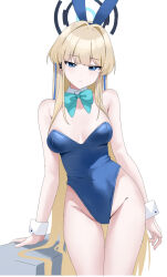 Rule 34 | 1girl, animal ears, bare arms, bare legs, bare shoulders, bburi, blonde hair, blue archive, blue bow, blue bowtie, blue eyes, blue hair, blue leotard, bow, bowtie, breasts, closed mouth, cowboy shot, detached collar, fake animal ears, groin, halo, highres, leotard, long hair, looking at viewer, medium breasts, multicolored hair, navel, official alternate costume, rabbit ears, simple background, solo, strapless, strapless leotard, streaked hair, thighs, toki (blue archive), toki (bunny) (blue archive), white background