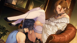 Rule 34 | 1boy, 1girl, blush, breasts, brown hair, choker, cleavage, couch, cunnilingus, earrings, feet, feet up, fingerless gloves, frills, from side, garter straps, gloves, groin, hands on another&#039;s thighs, homare (fool&#039;s art), indoors, jewelry, large breasts, legs, legs up, long hair, looking down, lying, oku-sama no kaifuku jutsu, on back, oral, original, panties, panties around leg, parted lips, purple eyes, shoes, thighhighs, thighs, underwear