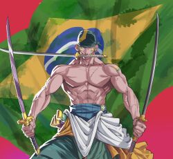Rule 34 | 1boy, abs, absurdres, bandana, bare shoulders, brazil, brazilian flag, fighting stance, highres, holding, holding weapon, japanese clothes, katana, kimono, male focus, markings, muscular, muscular arms, muscular male, one piece, pectorals, roronoa zoro, santoryu, scar, scar across eye, scar on chest, serious, solo, staring, sword, veins, weapon, yukata