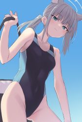 Rule 34 | 1girl, bakonchi, blue archive, blue background, blue eyes, breasts, closed mouth, collarbone, commentary request, competition swimsuit, covered navel, gradient background, grey hair, halo, looking at viewer, medium breasts, one-piece swimsuit, shiroko (blue archive), shiroko (swimsuit) (blue archive), smile, solo, swimsuit, thighs