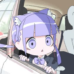 Rule 34 | 1girl, 1other, ^ ^, animal ears, blunt bangs, bow, bowtie, car interior, cat ears, closed eyes, commentary request, empty eyes, eyebrows hidden by hair, flat chest, lokulo-chan (lokulo no mawashimono), lokulo no mawashimono, lowres, original, purple bow, purple bowtie, purple eyes, purple hair, triangle mouth, twintails