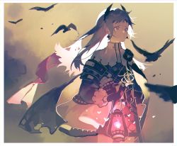 Rule 34 | 1girl, arknights, bird, black gloves, black shirt, border, brown background, closed mouth, cowboy shot, feitianxiaolai, fire, gloves, grey hair, highres, holding, holding lantern, irene (arknights), lantern, light, long hair, long sleeves, pink fire, purple eyes, purple skirt, sheath, sheathed, shirt, skirt, solo, sword, weapon, white border