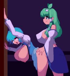 Rule 34 | 1boy, 1girl, ahegao, animated, blue hair, bouncing ass, bouncing breasts, breasts, breasts out, covered erect nipples, from side, futa with female, futanari, green hair, heterochromia, huge breasts, jiggle, kochiya sanae, large breasts, long hair, midriff, multiple girls, nipples, open clothes, open mouth, pixel art, rolling eyes, sex, sex from behind, short hair, sideboob, tatara kogasa, tears, thick thighs, thighs, tongue, tongue out, touhou, video, yado taityou