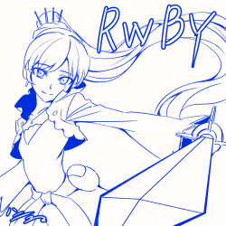 Rule 34 | 1girl, artist name, belt, blue theme, copyright name, cropped jacket, earrings, h-new, high collar, holding, holding sword, holding weapon, jewelry, lineart, long hair, long sleeves, monochrome, necklace, pendant, ponytail, rapier, rwby, scar, scar across eye, scar on face, side ponytail, signature, solo, sword, tiara, weapon, weiss schnee, wide sleeves