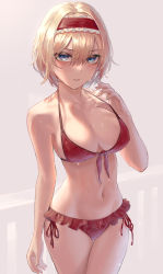 Rule 34 | 1girl, alice margatroid, bad id, bad twitter id, bare arms, bare shoulders, bikini, blonde hair, blue eyes, breasts, cowboy shot, eit (ikeuchi), frilled bikini, frills, front-tie bikini top, front-tie top, hair between eyes, hairband, halterneck, highres, looking at viewer, medium breasts, red bikini, red hairband, short hair, solo, swimsuit, thigh gap, touhou, wet