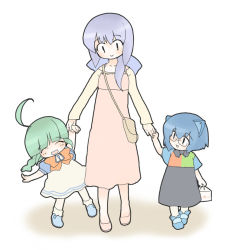 Rule 34 | 2k-tan, 3girls, :d, ^ ^, ahoge, bag, blue eyes, blue hair, bow, bowtie, child, closed eyes, collarbone, dress, full body, glasses, green hair, handbag, holding hands, mama-t, me-tan, multiple girls, open mouth, os-tan, purple hair, red bow, short hair, sign, simple background, smile, standing, walking, warning sign, white background