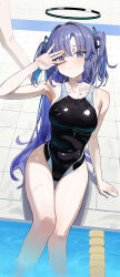 Rule 34 | 1girl, 1other, :o, absurdres, alternate costume, arm support, arm up, armpits, bare legs, black one-piece swimsuit, blue archive, blush, breasts, collarbone, competition swimsuit, halo, highres, ildy, long hair, looking at viewer, medium breasts, one-piece swimsuit, out of frame, pool, poolside, purple eyes, purple hair, refraction, sitting, soaking feet, solo focus, swimsuit, thigh gap, tile floor, tiles, two side up, very long hair, yuuka (blue archive)