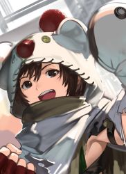 Rule 34 | 1girl, akisa yositake, armpits, brown eyes, brown hair, final fantasy, final fantasy vii, final fantasy vii remake, fingerless gloves, gloves, hair between eyes, looking at viewer, moogle, open mouth, red gloves, short hair, smile, solo, upper body, yuffie kisaragi