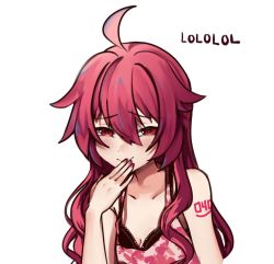 Rule 34 | 1girl, ahoge, blush, bra, breasts, camouflage, camouflage shirt, cleavage, drill hair, hair down, hair flaps, half-closed eyes, hand on own face, ianxy2, kasane teto, lace, lace-trimmed bra, lace trim, laughing, long hair, nail polish, pink hair, red eyes, shirt, small breasts, smile, solo, tank top, underwear, utau, white background
