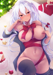 Rule 34 | 1girl, absurdres, blush, breasts, brown eyes, christmas present, christmas tree, convenient censoring, covering privates, covering breasts, dark-skinned female, dark skin, female focus, gift, graphite (medium), highres, jacket, kantai collection, large breasts, long hair, looking at viewer, lying, mashiro yukiya, millipen (medium), musashi (kancolle), musashi kai ni (kancolle), on back, open clothes, open jacket, ribbon, silver hair, smile, solo, thighhighs, traditional media, twintails