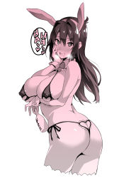 Rule 34 | 1girl, absurdres, animal ears, ass, bare arms, bare shoulders, bikini, blush, bottle, bow, bowtie, breast hold, breasts, breath, rabbit ears, butt crack, cropped legs, covered erect nipples, fake animal ears, from behind, hair between eyes, heart, heart cutout, highres, holding, holding bottle, large breasts, legs, long hair, looking at viewer, maken-ki!, micro bikini, monochrome, nijou aki, nippleless clothes, open mouth, revealing clothes, simple background, solo, speech bubble, spoken heart, standing, string bikini, swimsuit, takeda hiromitsu, thighs, white background, wrist cuffs