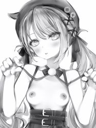 Rule 34 | 1girl, :p, bad id, bad pixiv id, belt, beret, blush, bow, bowtie, breasts, greyscale, hair ribbon, hat, high-waist skirt, highres, holding, holding ribbon, hololive, long hair, looking at viewer, monochrome, nanashi (nlo), nipples, official alternate costume, pom pom (clothes), ribbon, simple background, skirt, small breasts, solo, suspender skirt, suspenders, tokoyami towa, tongue, tongue out, topless, twintails, upper body, virtual youtuber, white background