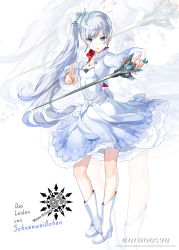 Rule 34 | 1girl, blue eyes, boots, dress, german text, holding, holding sword, holding weapon, long hair, mutsumi masato, ponytail, rapier, rwby, scar, scar across eye, scar on face, side ponytail, solo, sword, weapon, weiss schnee, white footwear, white hair, zoom layer