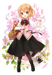 Rule 34 | 1girl, absurdres, basket, blue eyes, blush, boots, bow, bowtie, bread, brown hair, carrying, cup, detexted, floral background, flower, food, gochuumon wa usagi desu ka?, hair flower, hair ornament, highres, holding, hoto cocoa, koi (koisan), leaf, loaf of bread, open mouth, pantyhose, purple eyes, rabbit house uniform, short hair, smile, solo, teacup, teapot, third-party edit