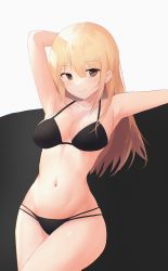 Rule 34 | 1girl, arm up, armpits, bare arms, bare shoulders, bikini, black bikini, black eyes, blonde hair, breasts, cleavage, collarbone, danraz0r, highres, long hair, looking at viewer, medium breasts, multi-strapped bikini, navel, original, outstretched arm, smile, solo, stomach, string bikini, swimsuit, thighs