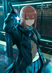 Rule 34 | 1girl, absurdres, between breasts, black coat, black gloves, black necktie, black skirt, blue eyes, breasts, coat, collared shirt, commentary request, cowboy shot, drawing sword, dress shirt, energy sword, fingerless gloves, gloves, glowing, hair between eyes, hanagamigendai, highres, holding, holding sword, holding weapon, light brown hair, light frown, light rays, looking at viewer, loose necktie, medium hair, necktie, open clothes, open coat, open collar, original, pleated skirt, scabbard, sheath, shirt, skirt, small breasts, solo, straight hair, subway, sweater vest, sword, uniform, weapon, yellow sweater vest