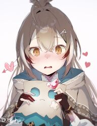 Rule 34 | 1girl, ahoge, arrow through heart, blush, brown capelet, brown cloak, brown eyes, brown hair, candy, capelet, cloak, crossed bangs, deiji bijutsu, double-parted bangs, feather hair ornament, feathers, flustered, food, friend (nanashi mumei), gloves, hair between eyes, hair ornament, heart, heart-shaped lollipop, hieroglyphics, highres, holding, hololive, hololive english, lollipop, long hair, looking at viewer, nanashi mumei, nanashi mumei (1st costume), open mouth, partially fingerless gloves, ponytail, shaped lollipop, shirt, valentine, very long hair, virtual youtuber, white shirt