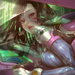 Rule 34 | 1girl, bodysuit, breast press, brown eyes, brown hair, commentary request, controller, d.va (overwatch), highres, joystick, kaburagi yasutaka, long hair, looking at viewer, looking to the side, mecha, overwatch, overwatch 1, robot, screen, solo, upper body, user interface