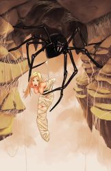 Rule 34 | arms behind back, arthropod limbs, artist request, bdsm, blonde hair, bondage, bound, breasts, bug, captured, cocoon, encasement, extra eyes, giant spider, green eyes, long hair, multiple legs, nude, open mouth, original, restrained, rock, scared, silk, solo, spider, spider web, trapped