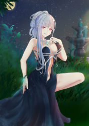 Rule 34 | absurdres, ak-12 (girls&#039; frontline), ak-12 (quiet azure) (girls&#039; frontline), bare shoulders, blue dress, bracelet, breasts, cleavage, clothing cutout, commentary request, dress, fountain, girls&#039; frontline, grass, hair up, halterneck, highres, hiroshi (2443303124), jewelry, large breasts, looking at viewer, moon, navel cutout, night, night sky, official alternate costume, parted lips, pink eyes, side slit, sidelocks, silver hair, sky, solo, star (sky), starry sky, strap pull, thighs, updo, water