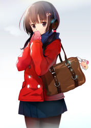 Rule 34 | 1girl, bag, beats by dr. dre, black pantyhose, blush, brown eyes, brown hair, coat, cowboy shot, headphones, highres, charm (object), long hair, looking at viewer, low twintails, machimura komori, mittens, original, pantyhose, scarf, skirt, solo, twintails