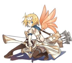 Rule 34 | 1girl, ark order, arrow (projectile), blonde hair, blue scarf, boots, bow (weapon), brown footwear, crop top, detached wings, drawing bow, elbow gloves, feathered wings, fighting stance, forehead protector, full body, gloves, gold trim, hair intakes, holding, holding arrow, holding bow (weapon), holding weapon, icarus (ark order), jewelry, kzhu, looking at viewer, midriff, official art, orange wings, quiver, ring, scarf, shirt, short hair, skirt, solo, squatting, stomach, tachi-e, thigh boots, thighhighs, transparent background, weapon, white gloves, white shirt, white skirt, wings