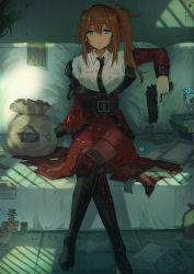 Rule 34 | 1girl, absurdres, aer7o, ahoge, alternate costume, belt, black footwear, black necktie, black pantyhose, blonde hair, blue eyes, blush, boots, breasts, brown hair, buckle, bullet, buttons, cleavage, coat, collared shirt, couch, crossed legs, double-breasted, elbow rest, eyewear on head, field ration, girls&#039; frontline, gloves, griffin &amp; kryuger military uniform, gun, hair between eyes, hair ornament, hair over shoulder, hair ribbon, highres, holding, holding gun, holding weapon, indoors, kalina (girls&#039; frontline), knee pads, large breasts, long hair, looking at viewer, lounge, necktie, pantyhose, red ribbon, ribbon, round eyewear, scenery, shirt, side ponytail, sidelocks, sitting, smile, solo, sunglasses, thigh boots, thighhighs, thighs, trigger discipline, weapon, white shirt