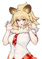 Rule 34 | 10s, 1girl, animal ears, blonde hair, breasts, brown eyes, fur trim, k52, kemono friends, large breasts, lion (kemono friends), lion ears, looking at viewer, necktie, paw pose, plaid, plaid skirt, simple background, skirt, smile, solo, white background