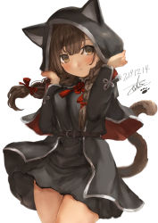 Rule 34 | 1girl, animal ears, belt, black capelet, black dress, blush, braid, brown belt, brown eyes, brown hair, capelet, cat ears, cat tail, dated, dress, hair ribbon, hood, hooded capelet, kantai collection, long hair, long sleeves, paw print, pleated dress, red ribbon, ribbon, shinshuu maru (kancolle), signature, simple background, solo, tail, toka (marchlizard), twin braids, white background