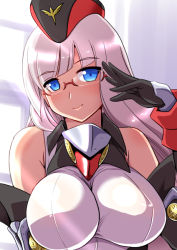 Rule 34 | 1girl, azur lane, bare shoulders, black gloves, black hat, blue eyes, blunt bangs, blush, breasts, closed mouth, diagonal bangs, elbow gloves, eyebrows, facing viewer, garrison cap, gloves, gneisenau (azur lane), hat, impossible clothes, impossible shirt, large breasts, long hair, looking at viewer, multicolored clothes, multicolored hat, oborogumo takamitsu, pink hair, red-framed eyewear, red hat, semi-rimless eyewear, shirt, sleeveless, sleeveless shirt, smile, solo, straight hair, sunlight, upper body, white shirt, window