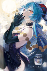 Rule 34 | 1girl, absurdres, ahoge, alternate costume, artist name, bare shoulders, black gloves, black thighhighs, blue hair, bottle, breasts, character name, choker, cleavage, dress, elbow gloves, fake ad, from side, ganyu (genshin impact), genshin impact, gloves, goat horns, hair between eyes, hands up, highres, horns, interlocked fingers, knee up, lace, lace choker, long hair, looking at viewer, medium breasts, open mouth, perfume bottle, purple dress, sena 8ito, side slit, sideboob, solo, star (symbol), sun, thighhighs