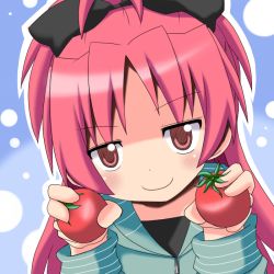 Rule 34 | 10s, 1girl, apple, blush, food, fruit, hair ribbon, mahou shoujo madoka magica, mahou shoujo madoka magica (anime), mai (t-5), ponytail, red eyes, red hair, ribbon, sakura kyoko, smile, solo
