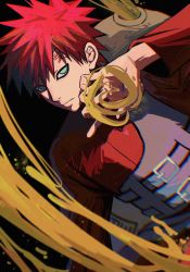 Rule 34 | 1boy, abanovo, aqua eyes, armor, black background, chromatic aberration, closed mouth, facial mark, film grain, floating, gaara (naruto), geokinesis, gourd, hair between eyes, highres, male focus, naruto (series), naruto shippuuden, red hair, sand, simple background, solo, spiked hair, spikes