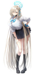 1girl asuna_(blue_archive) black_bra black_choker black_footwear black_skirt black_socks blonde_hair blue_archive blue_bow blue_bowtie blue_eyes blue_nails blue_ribbon blue_scrunchie bow bowtie bra bra_peek breasts choker cleavage collarbone full_body hair_ribbon halo hand_on_own_thigh highres kneehighs large_breasts long_hair pleated_skirt ribbon scrunchie skirt sleeves_rolled_up smile socks solo suien underwear very_long_hair wrist_scrunchie