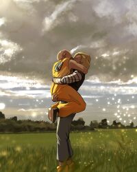 1boy 1girl android_18 bald bald_male blonde_hair broonoart cloud cloudy_sky couple dragon_ball highres hug kiss kuririn sky