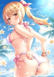 Rule 34 | 1girl, ass, bare arms, bare shoulders, bikini, blonde hair, bracelet, breasts, cloud, cowboy shot, day, detexted, earrings, flower, frilled bikini, frills, from behind, hair flower, hair ornament, hair ribbon, halterneck, halterneck, highres, jewelry, long hair, looking at viewer, looking back, medium breasts, melonbooks, mitsuba choco, outdoors, palm leaf, parted lips, ponytail, ribbon, side-tie bikini bottom, sidelocks, sky, solo, standing, string bikini, swimsuit, third-party edit, wading, water, wet, white bikini, yellow eyes, yellow flower