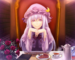 Rule 34 | 1girl, bespectacled, book, bookshelf, cake, capelet, chair, crescent, cup, edo tatsuki, face, female focus, flower, food, fork, glasses, hat, head rest, indoors, italian text, library, light purple hair, lips, long hair, looking at viewer, patchouli knowledge, pie, pov across table, purple eyes, purple hair, purple theme, rose, sitting, smile, solo, tart (food), tea, teacup, teapot, touhou, translated, very long hair, voile