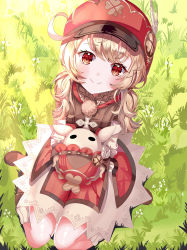 Rule 34 | 1girl, absurdres, ahoge, animal, blonde hair, boots, day, eyelashes, flower, genshin impact, grass, hat, hat feather, highres, holding, holding animal, jumpy dumpty, klee (genshin impact), knees, leather, leather boots, long hair, looking at viewer, low twintails, messy hair, najwa ibrahimi, outdoors, red eyes, sitting, smile, solo, sunlight, twintails, twitter username, wariza