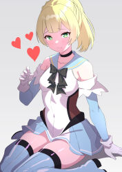 Rule 34 | 1girl, alternate costume, arm support, bare shoulders, black bow, black bowtie, black choker, blonde hair, blue footwear, blue skirt, blush, boots, bow, bowtie, breasts, bright pupils, choker, closed mouth, collarbone, commentary request, covered navel, creatures (company), detached sleeves, eyelashes, game freak, gloves, green eyes, grey background, heart, lillie (pokemon), long hair, medium breasts, nintendo, pleated skirt, pokemon, pokemon sm, pon tanuki (ga7fsrge9jxblaw), ponytail, shiny skin, sitting, skirt, smile, solo, thigh boots, thighs, white gloves