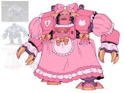 Rule 34 | 1boy, adeptus astartes, apron, cat, chumiicham, claws, dreadnought (warhammer 40k), dress, highres, maid, maid apron, maid headdress, pink dress, ribbon, robot, warhammer 40k