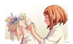 Rule 34 | 2girls, alternate hairstyle, alternate universe, artist name, birthday, blonde hair, blue flower, blunt bangs, blush, bob cut, boku no hero academia, border, brown eyes, brown hair, cel shading, closed mouth, collared shirt, commentary, flower, from side, gradient background, hair bun, hands up, happy, head down, head wreath, highres, leaf, looking at another, multiple girls, narrowed eyes, necktie, orange flower, outside border, outstretched arms, reallyveverka, red necktie, school uniform, shirt, sidelighting, sidelocks, single hair bun, sleeves past elbows, sleeves pushed up, smile, toga himiko, tying hair, u.a. school uniform, updo, upper body, uraraka ochako, white border, white shirt, yellow eyes, yellow flower