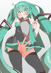 Rule 34 | 1girl, absurdres, ahoge, aqua eyes, aqua hair, aqua necktie, bare shoulders, between legs, black footwear, black skirt, black sleeves, blush, boots, bright pupils, covering privates, covering crotch, detached sleeves, embarrassed, foreshortening, from below, grey shirt, hair ornament, hand between legs, hatsune miku, highres, long hair, necktie, outstretched hand, pleated skirt, shirt, skindentation, skirt, sleeveless, sleeveless shirt, solo, sweatdrop, thigh boots, thighhighs, twintails, uruti 2388, very long hair, vocaloid, wavy mouth, white pupils, zettai ryouiki