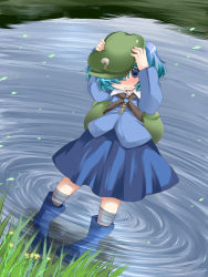 Rule 34 | 1girl, backpack, bad id, bad pixiv id, bag, blouse, blue eyes, blue hair, blush, boots, child, covering head, female focus, gradient background, hammer (sunset beach), hat, hiding, kawashiro nitori, key, lake, matching hair/eyes, rubber boots, shirt, short hair, shy, skirt, solo, touhou, two side up, wading, wavy mouth