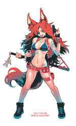 Rule 34 | 1girl, :p, abs, animal ears, belt, bikini, black bikini, black footwear, black nails, blue eyes, breasts, cleavage, dated, eyepatch, finger on trigger, gluteal fold, gun, handgun, highres, katana, charm (object), large breasts, long hair, looking at viewer, nail polish, navel, original, piercing, pistol, psychicjin, red hair, scabbard, sheath, shoes, simple background, sneakers, solo, swimsuit, sword, tail, tattoo, thigh strap, tongue, tongue out, tongue piercing, utility belt, very long hair, voodoo doll, weapon, white background