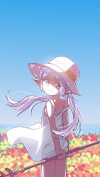 Rule 34 | 1girl, aged down, arms behind back, closed mouth, cowboy shot, dress, frieren, from behind, green eyes, hat, highres, holding, holding staff, long hair, looking at viewer, looking back, orenji (wholesomeorenji), parted bangs, pointy ears, purple hair, sleeveless, sleeveless dress, solo, sousou no frieren, staff, sun hat, sundress, thick eyebrows, twintails, white dress, white hat