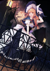 Rule 34 | 1girl, apron, black skirt, blonde hair, boots, bow, braid, brown footwear, capelet, corset, cross-laced footwear, full body, hair bow, hat, hat bow, highres, kirisame marisa, lace-up boots, lamppost, long hair, looking afar, lumo 1121, night, night sky, open mouth, outdoors, puffy short sleeves, puffy sleeves, short sleeves, side braid, skirt, sky, solo, standing, star (sky), starry sky, touhou, white bow, witch hat, yellow eyes