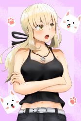 Rule 34 | 1girl, absurdres, artist request, artoria pendragon (all), artoria pendragon (fate), bad id, bad pixiv id, bare arms, bare shoulders, belt, black pants, black ribbon, black shirt, blonde hair, blush, breasts, cleavage, fate/grand order, fate (series), hair ribbon, highres, large breasts, long hair, looking at viewer, official alternate costume, open mouth, pants, ribbon, saber alter, saber alter (ver. shinjuku 1999) (fate), shirt, solo, white belt, yellow eyes