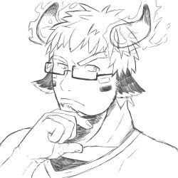 Rule 34 | 1boy, absurdres, animal ears, bara, bespectacled, black-framed eyewear, cow boy, cow ears, cow horns, facepaint, facial hair, fiery horns, finger to own chin, forked eyebrows, glasses, glowing horns, goatee, greyscale, highres, horns, looking at viewer, male focus, monochrome, pectorals, portrait, raised eyebrow, short hair, solo, tatatan (ts kon2), thick eyebrows, thinking, tokyo houkago summoners, upper body, wakan tanka